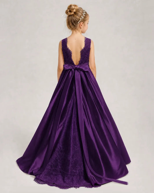 Purple Satin A-line First Communion Dress Back View
