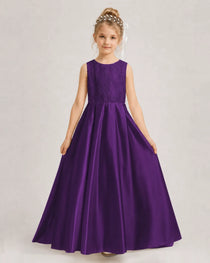 Purple Flower Girl Dress Sleeveless Lace Satin Ball Gown Front View