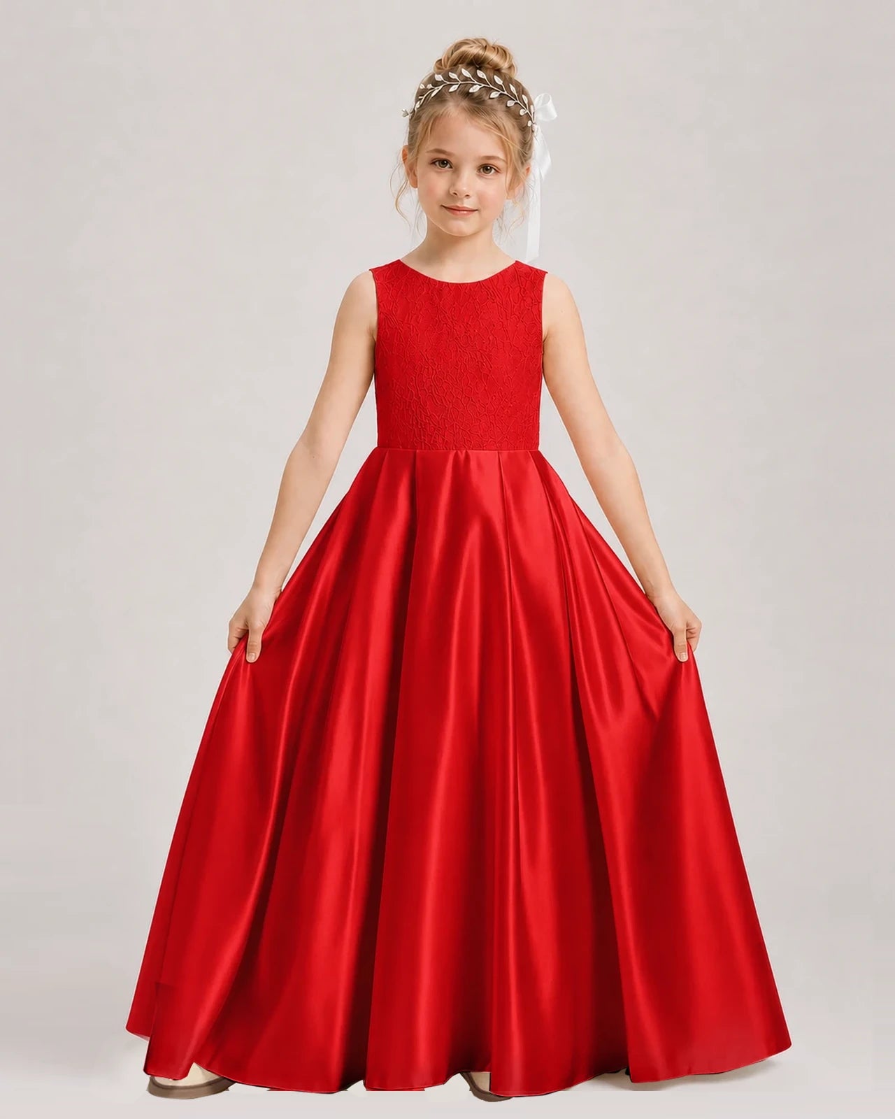 Dideyttawl White First Communion Dress | Sleeveless Lace Satin Ball Gown
