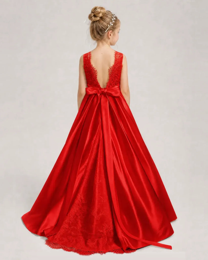 Red Satin A-line First Communion Dress Back View
