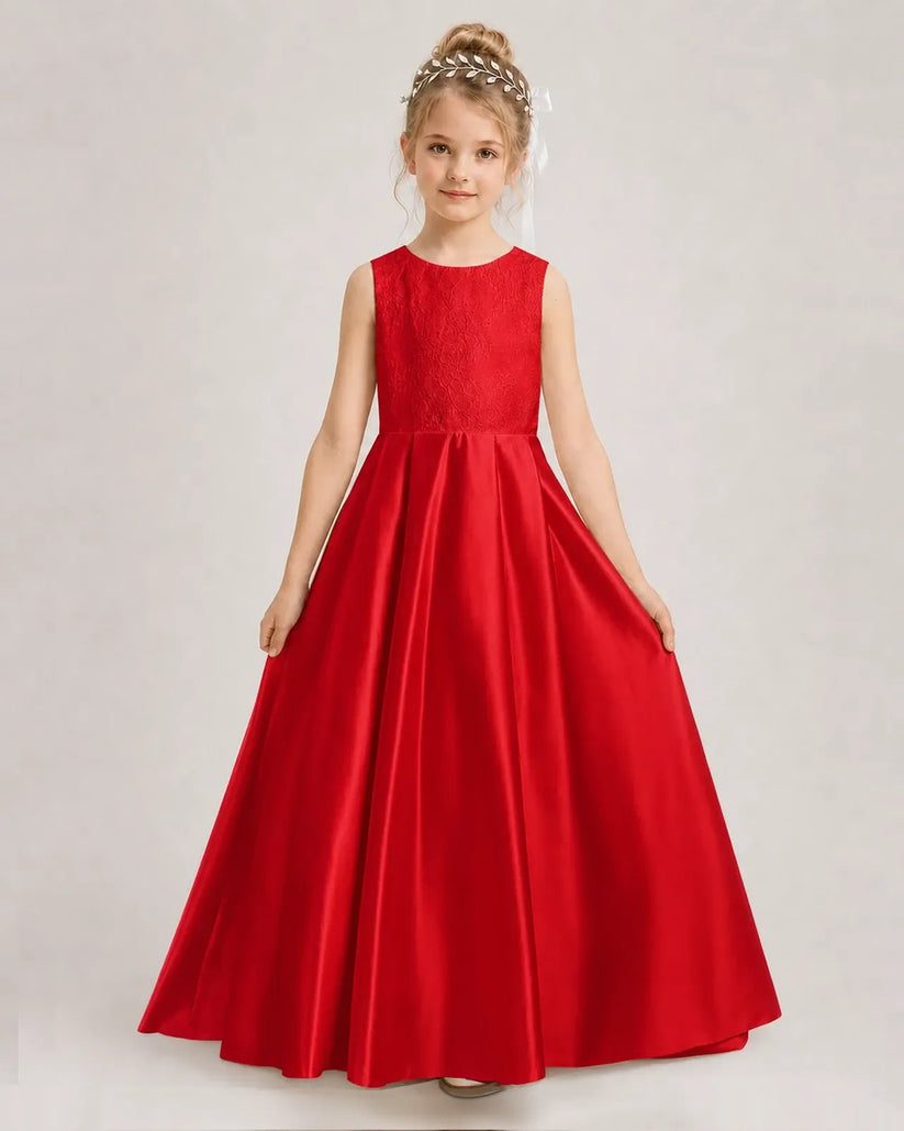 Red Satin A-line First Communion Dress Front View
