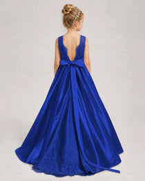 Royal Blue Flower Girl Dress Sleeveless Lace Satin Ball Gown Back View