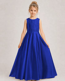 Royal Blue Flower Girl Dress Sleeveless Lace Satin Ball Gown Front View