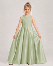 Sage Green Flower Girl Dress Sleeveless Lace Satin Ball Gown Front View