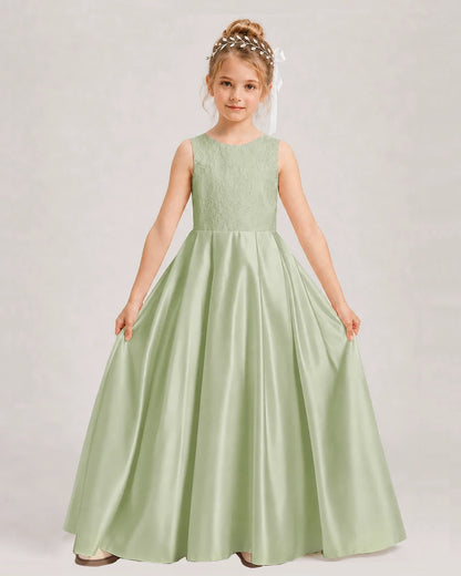 Dideyttawl White First Communion Dress | Sleeveless Lace Satin Ball Gown