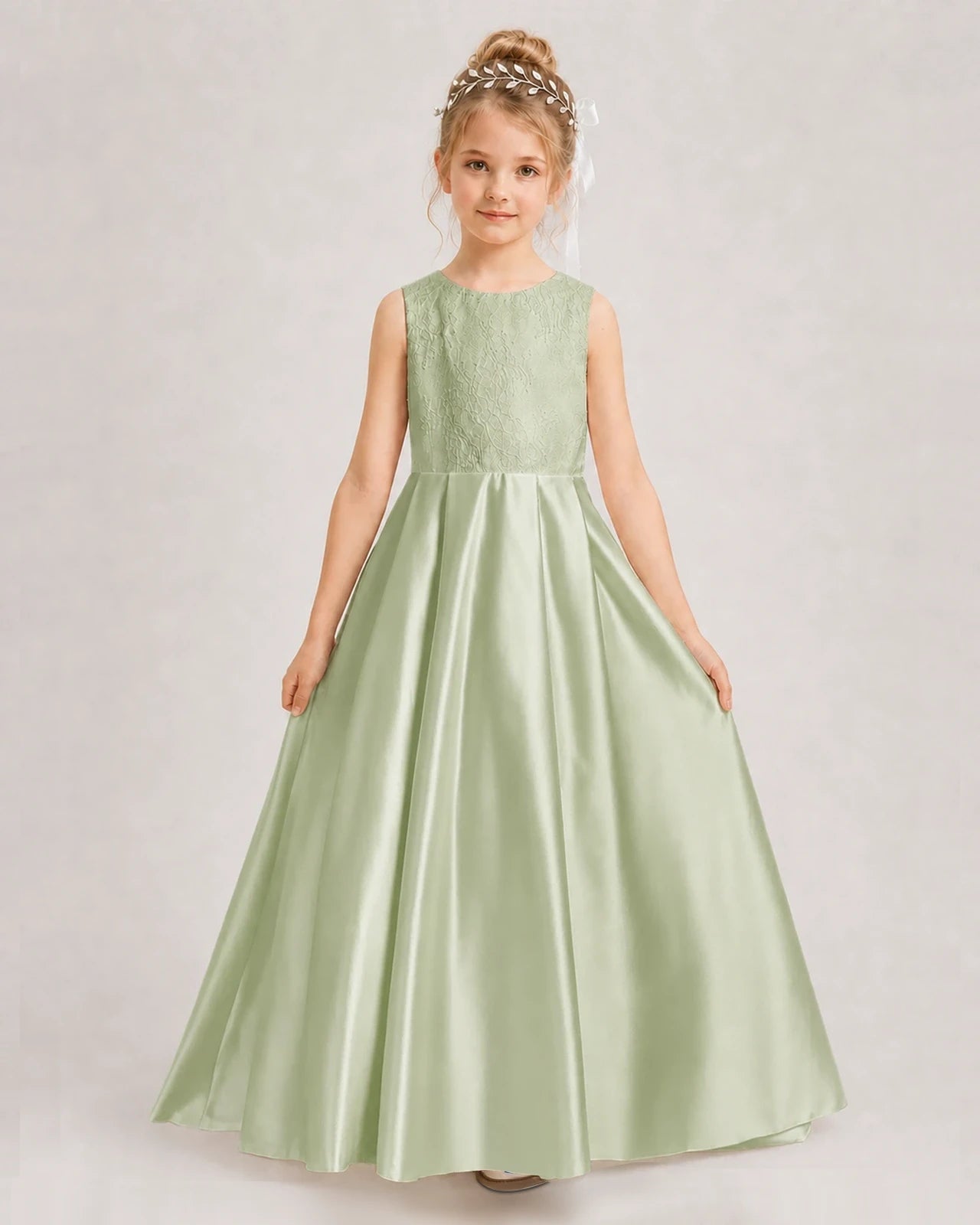Dideyttawl White First Communion Dress | Sleeveless Lace Satin Ball Gown