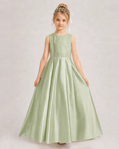 Dideyttawl White First Communion Dress | Sleeveless Lace Satin Ball Gown