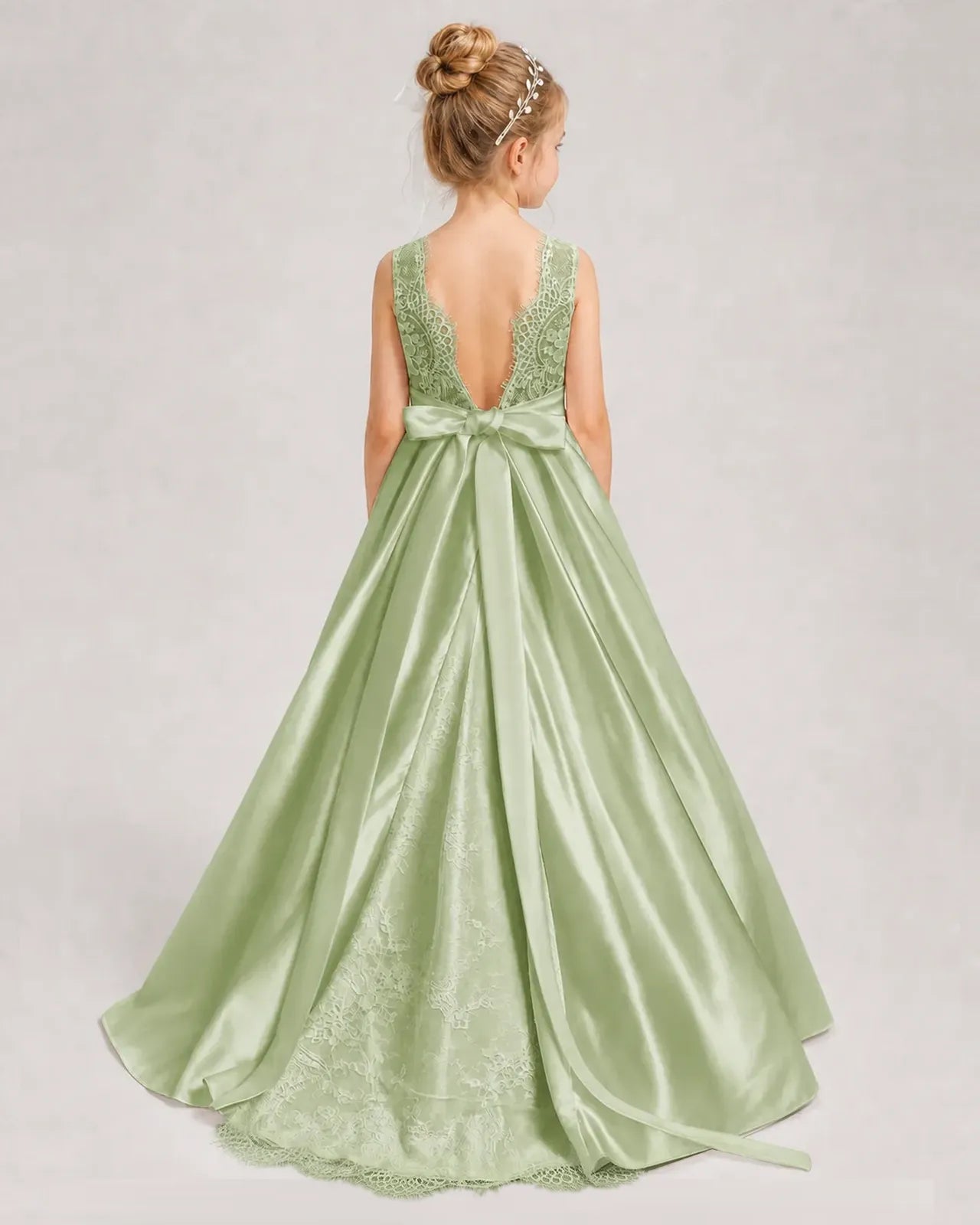 Sage Green Flower Girl Dress Sleeveless Lace Satin Ball Gown Back View