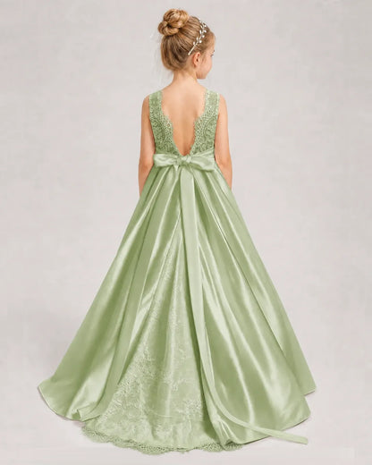 Dideyttawl White First Communion Dress | Sleeveless Lace Satin Ball Gown