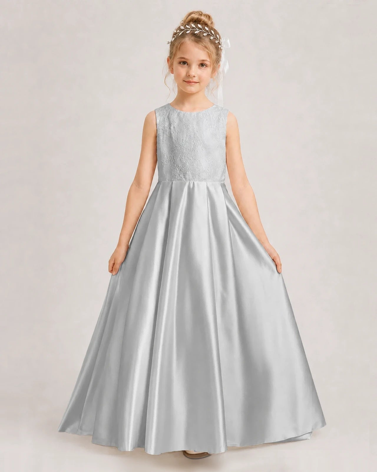 Dideyttawl White First Communion Dress | Sleeveless Lace Satin Ball Gown