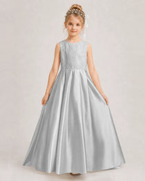 Silver Flower Girl Dress Sleeveless Lace Satin Ball Gown Front View