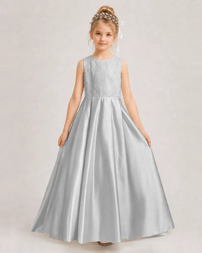 Dideyttawl White First Communion Dress | Sleeveless Lace Satin Ball Gown