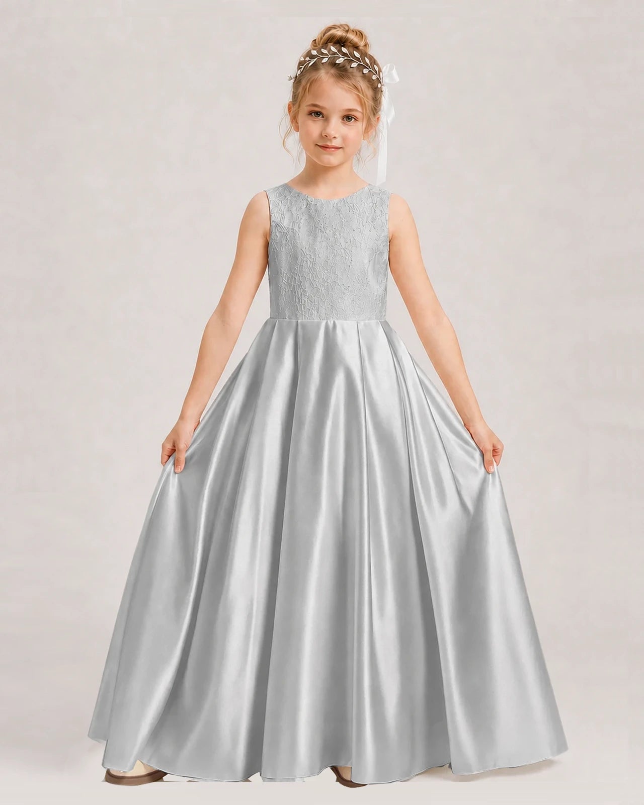 Dideyttawl White First Communion Dress | Sleeveless Lace Satin Ball Gown