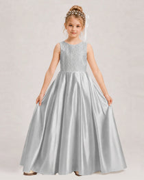 Silver Flower Girl Dress Sleeveless Lace Satin Ball Gown Front View
