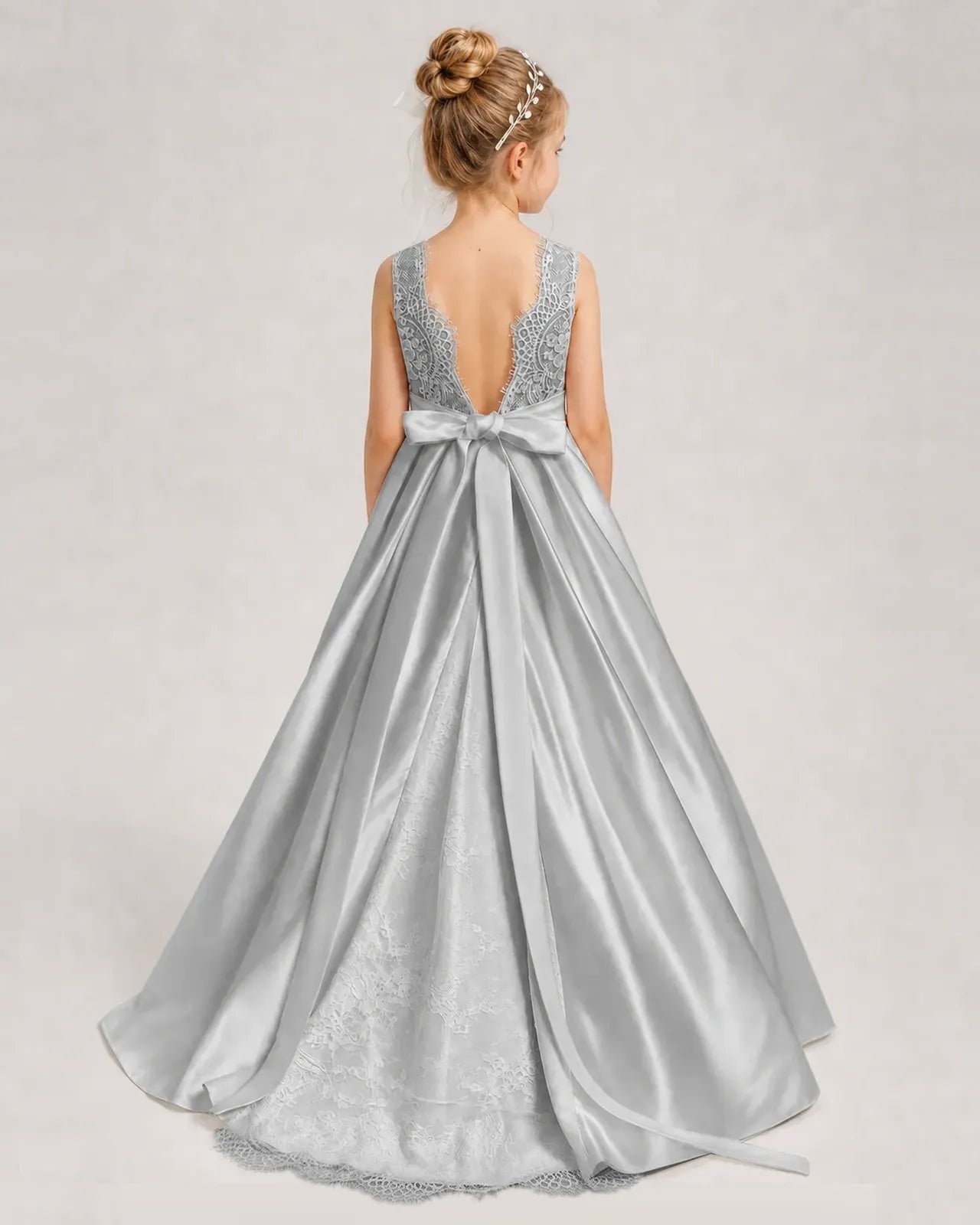 Dideyttawl White First Communion Dress | Sleeveless Lace Satin Ball Gown