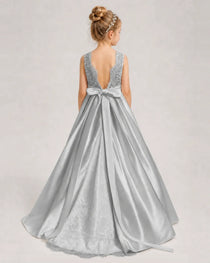 Silver Flower Girl Dress Sleeveless Lace Satin Ball Gown Back View