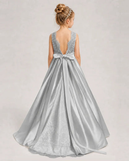 Dideyttawl White First Communion Dress | Sleeveless Lace Satin Ball Gown