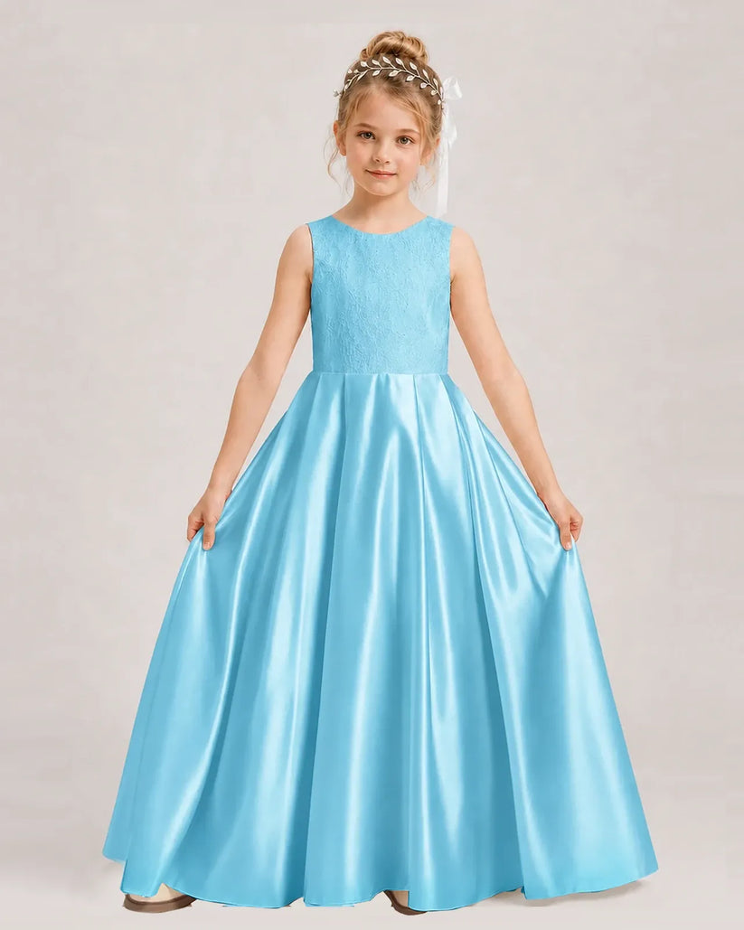 Sky Blue Satin A-line First Communion Dress Front View