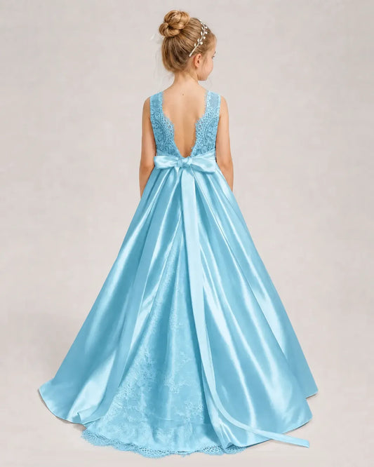 Sky Blue Satin A-line First Communion Dress Back View