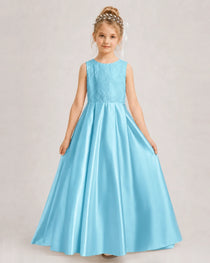Sky Blue Flower Girl Dress Sleeveless Lace Satin Ball Gown Front View