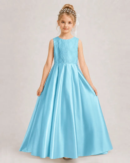 Dideyttawl White First Communion Dress | Sleeveless Lace Satin Ball Gown