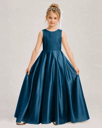 Teal Flower Girl Dress Sleeveless Lace Satin Ball Gown Front View