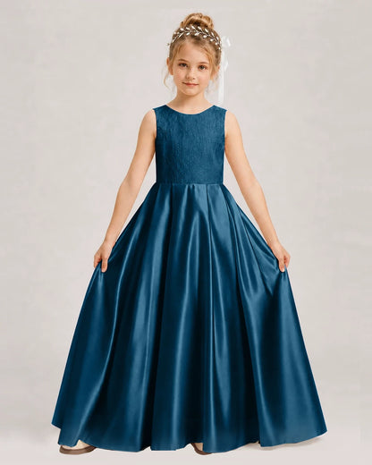 Dideyttawl White First Communion Dress | Sleeveless Lace Satin Ball Gown