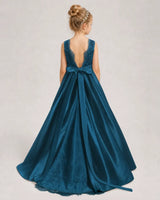 Teal Satin A-line First Communion Dress Back View