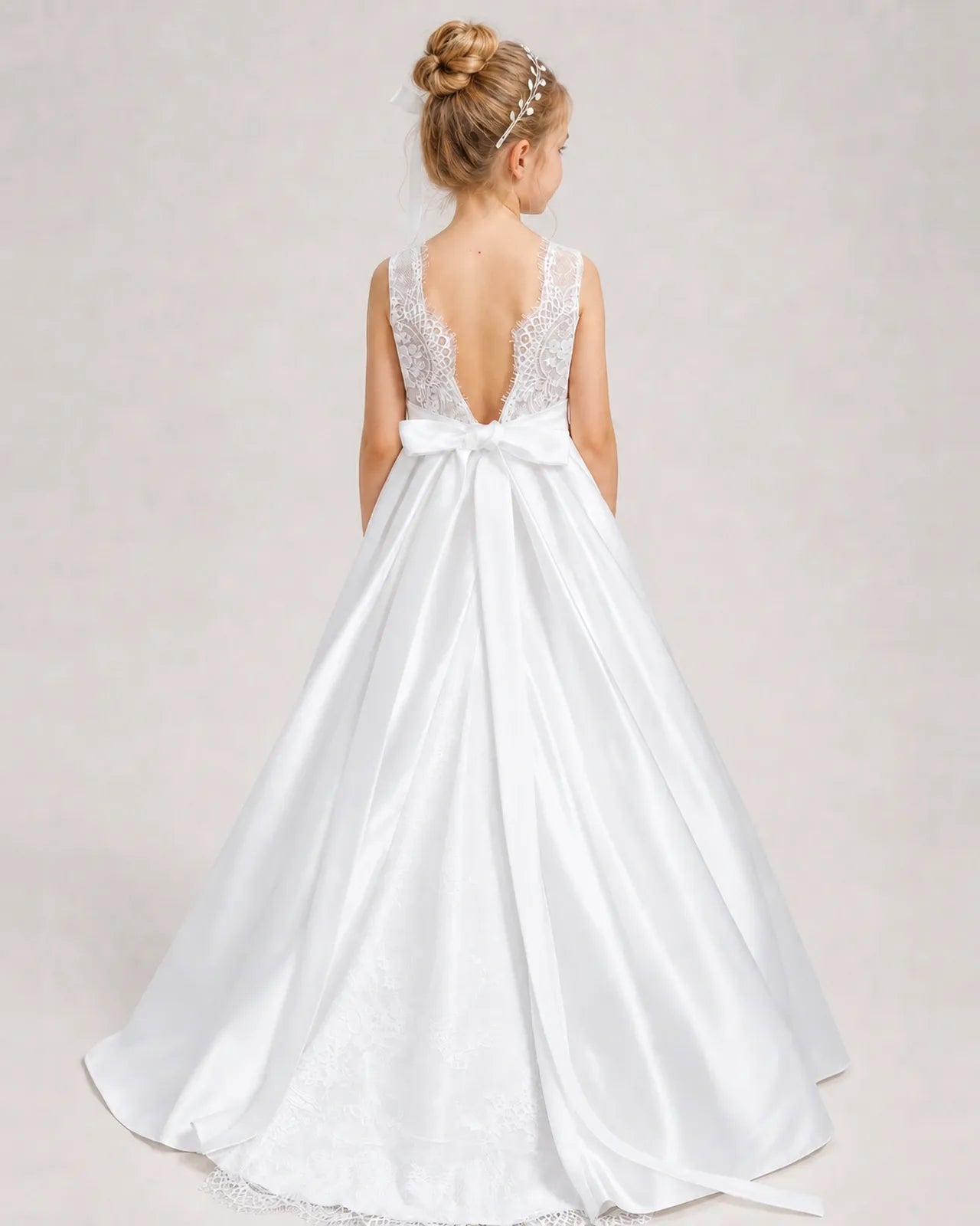 Dideyttawl White First Communion Dress | Sleeveless Lace Satin Ball Gown