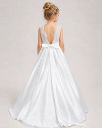 White First Communion Dress Sleeveless Lace Satin Ball Gown