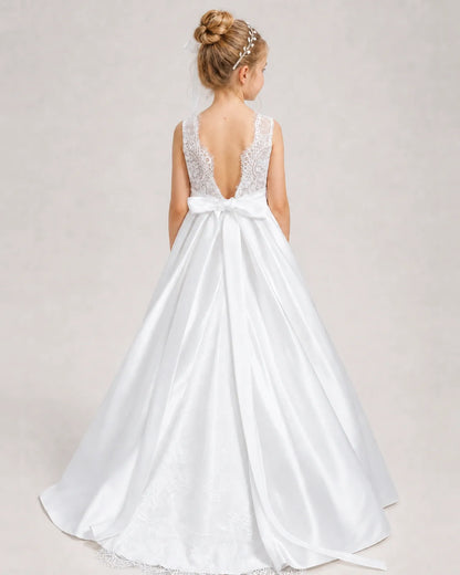 Dideyttawl White First Communion Dress | Sleeveless Lace Satin Ball Gown