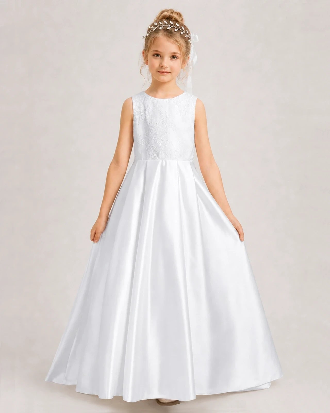 Dideyttawl White First Communion Dress | Sleeveless Lace Satin Ball Gown