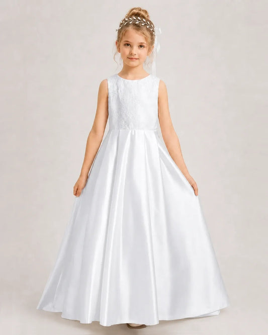White Satin A-line First Communion Dress Front View