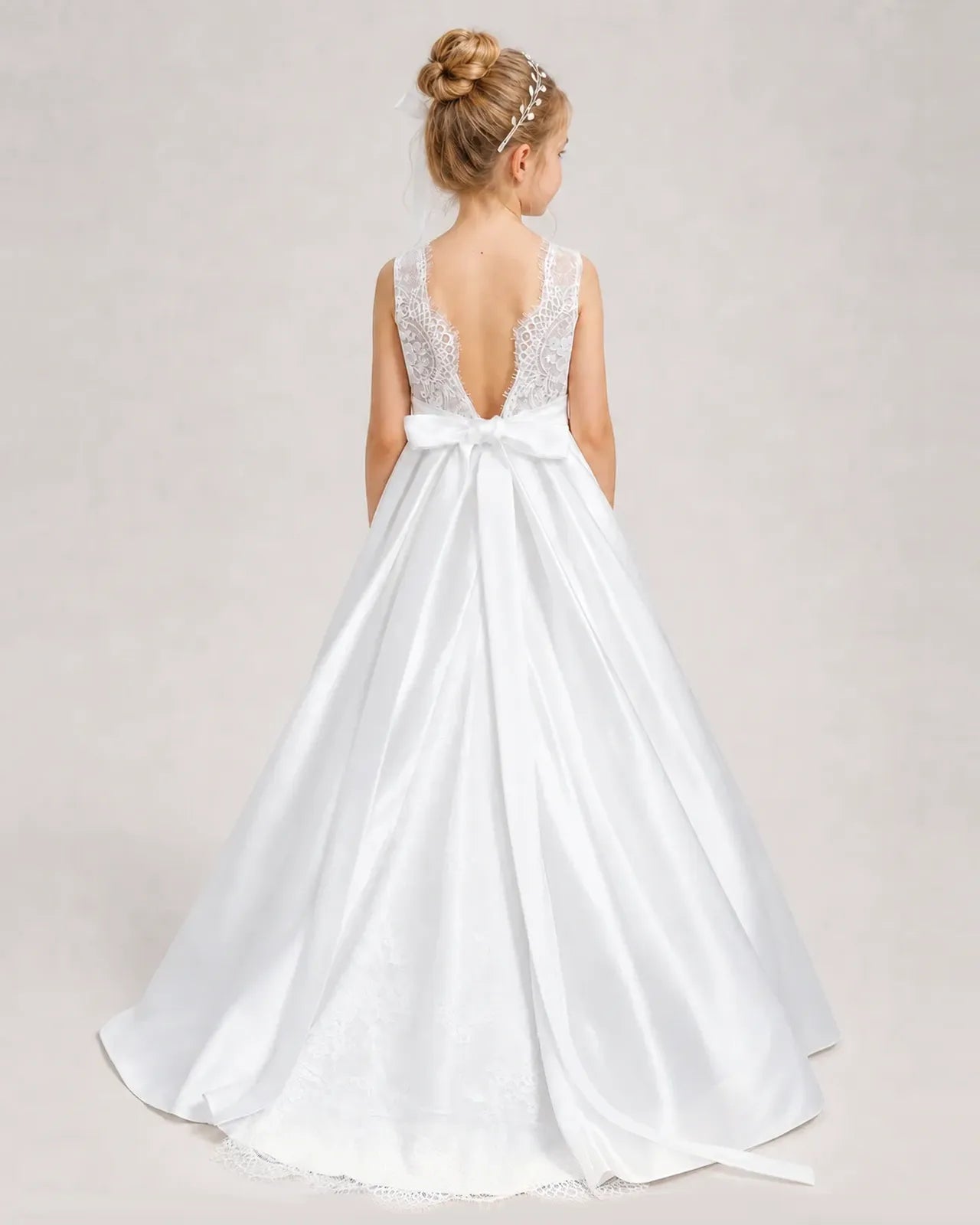 White First Communion Dress Sleeveless Lace Satin Ball Gown Back View