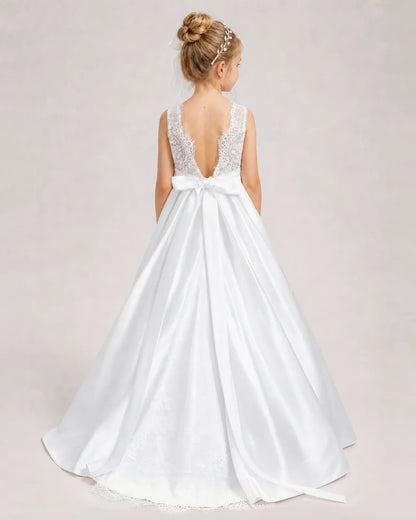 Dideyttawl White First Communion Dress | Sleeveless Lace Satin Ball Gown