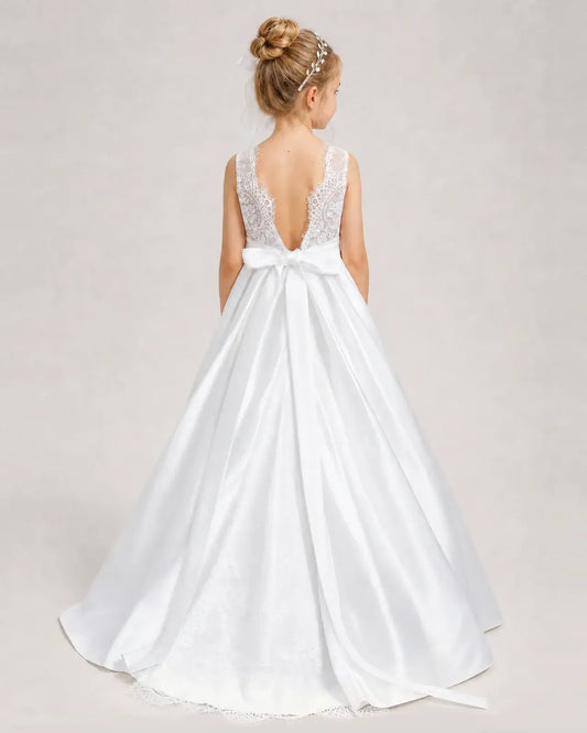White Satin A-line First Communion Dress Back View