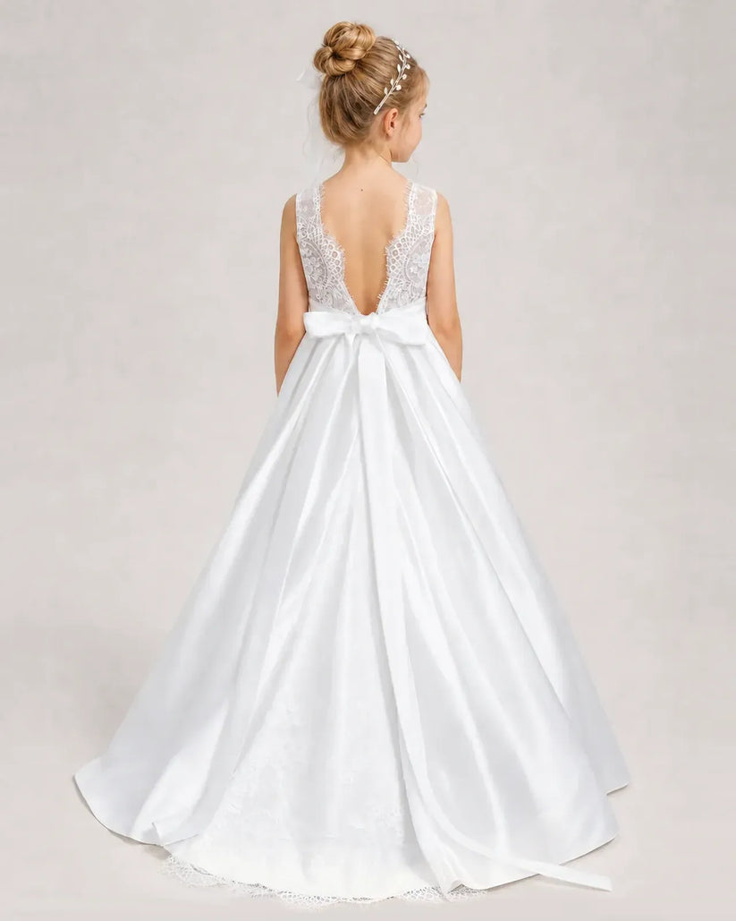 White Satin A-line First Communion Dress Back View