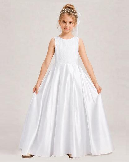 Dideyttawl White First Communion Dress | Sleeveless Lace Satin Ball Gown