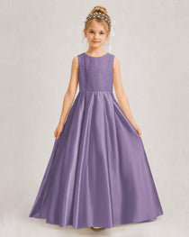 Wisteria Flower Girl Dress Sleeveless Lace Satin Ball Gown Front View