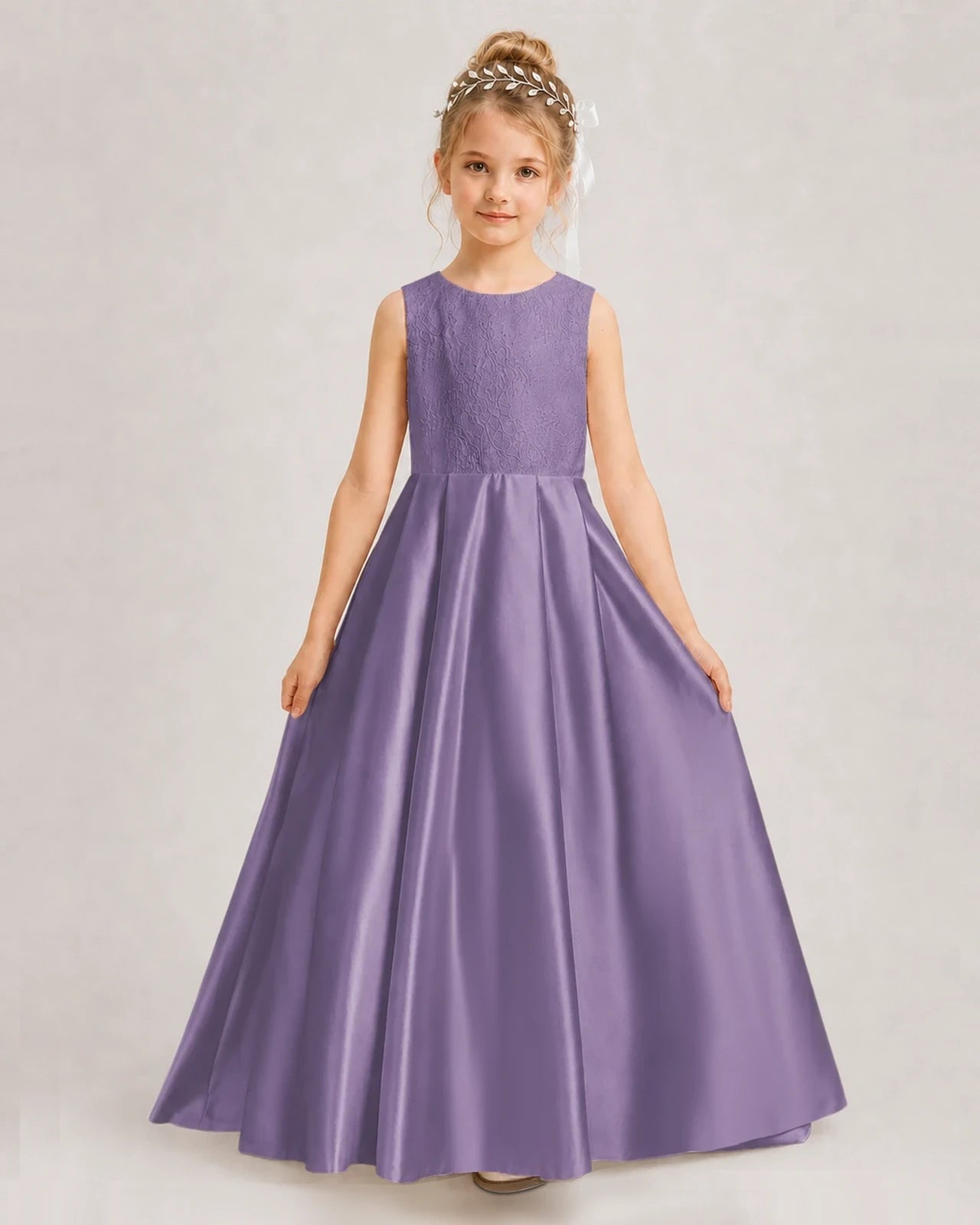 Wisteria Flower Girl Dress Sleeveless Lace Satin Ball Gown Front View