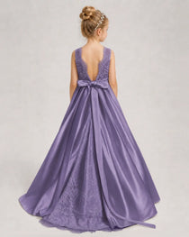 Wisteria Flower Girl Dress Sleeveless Lace Satin Ball Gown Back View