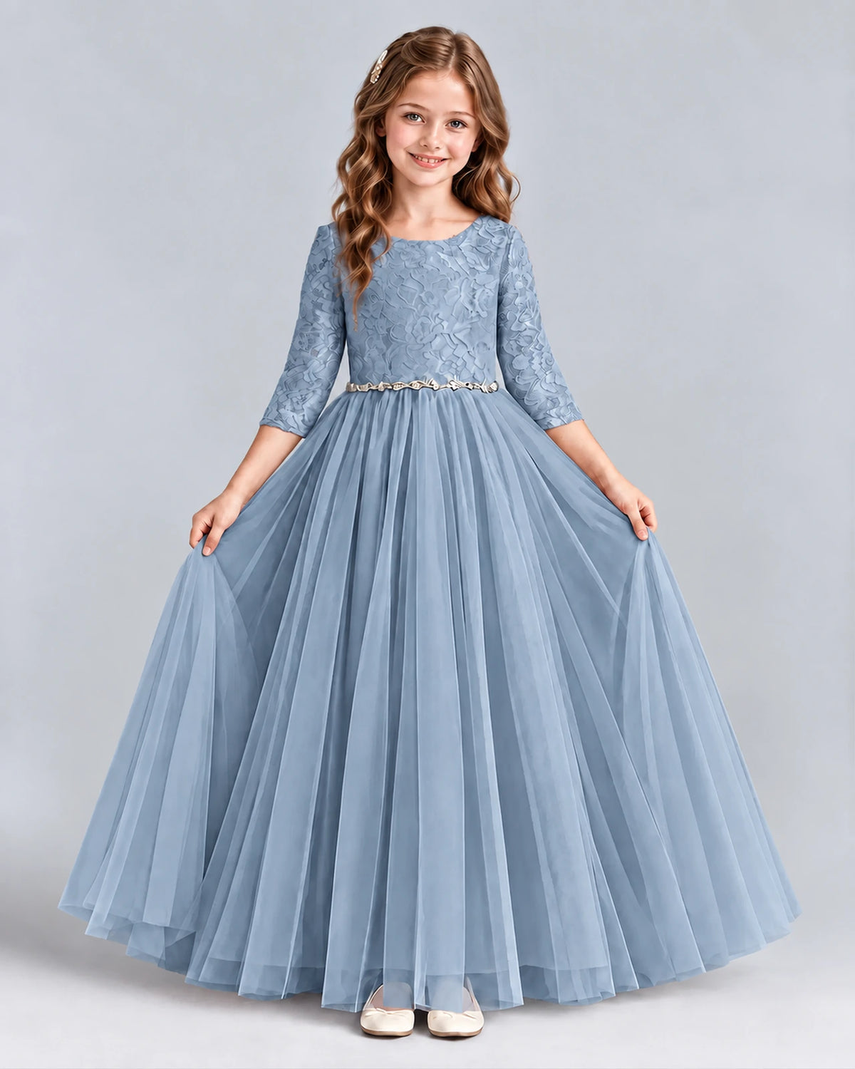 Dusty Blue Ball Gown Girls Formal Dresses Front
