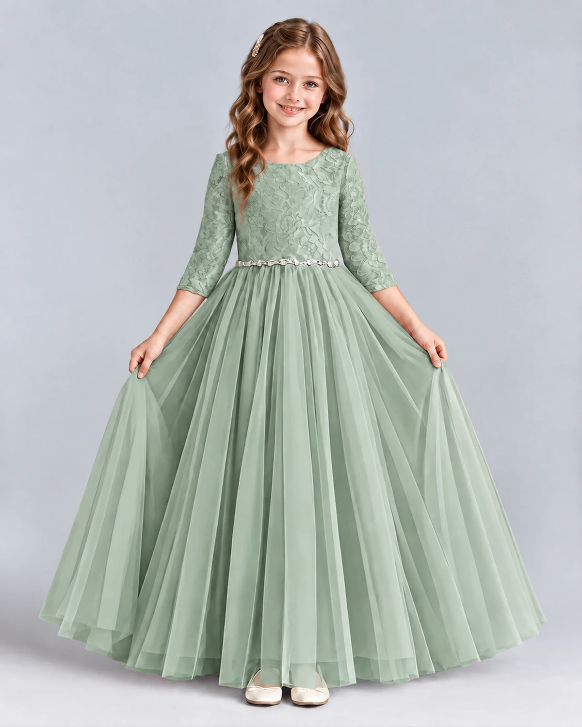 Sage Green Ball Gown Girls Formal Dresses Front