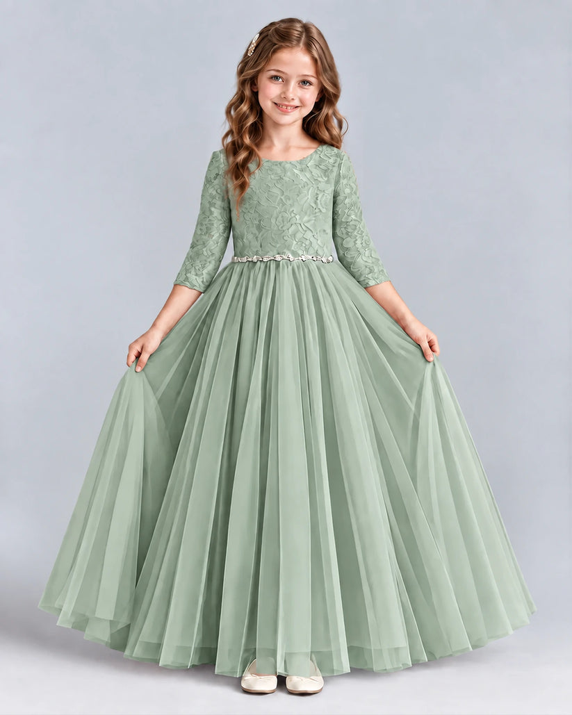 Sage Green Ball Gown Girls Formal Dresses Front