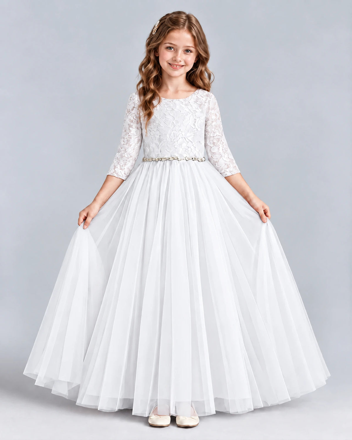 White Ball Gown Girls Formal Dresses Front