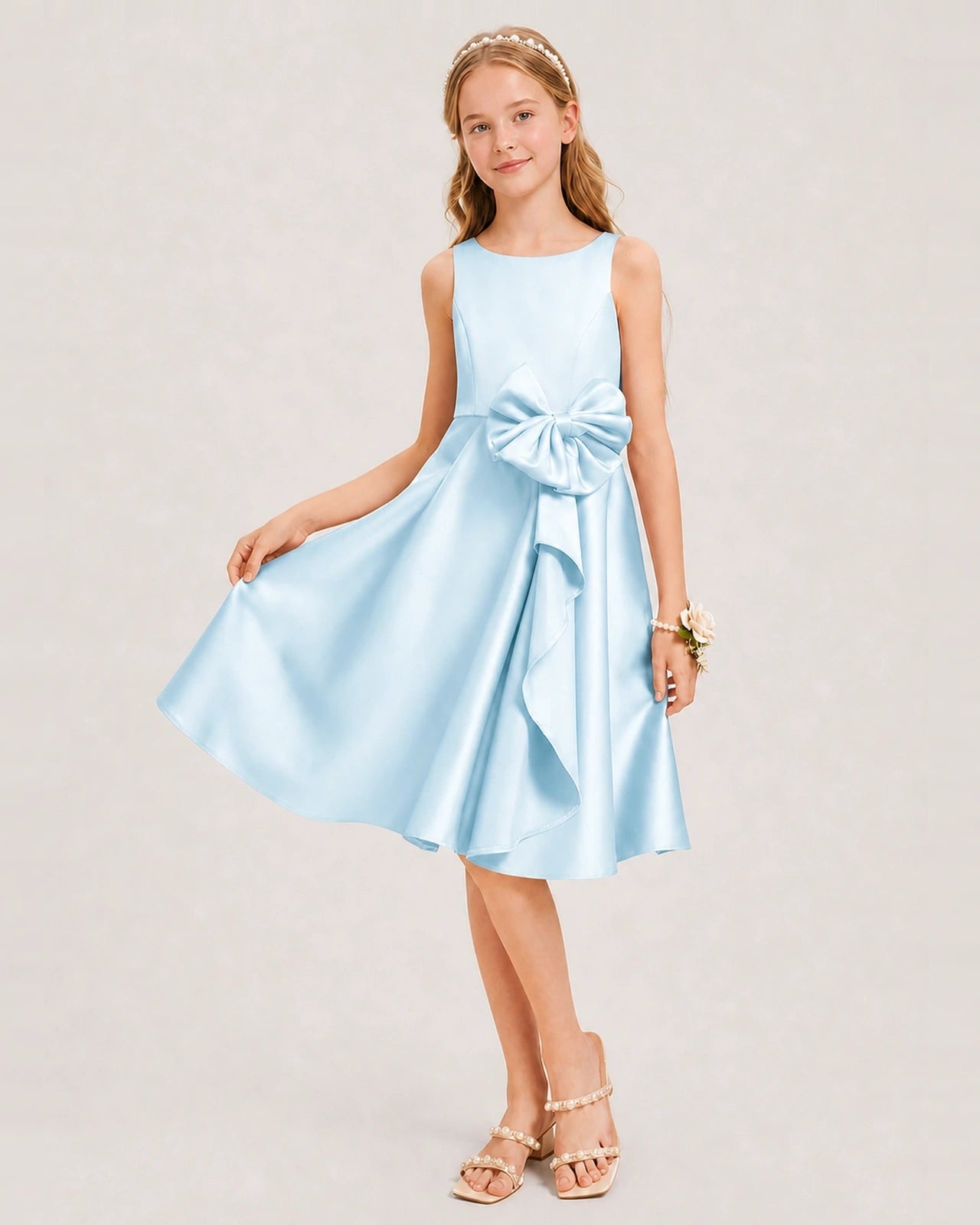 Baby Blue Satin Junior Bridesmaid Dress  Knee-Length A-Line Gown Front View