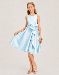 Baby Blue Satin Junior Bridesmaid Dress  Knee-Length A-Line Gown Front View