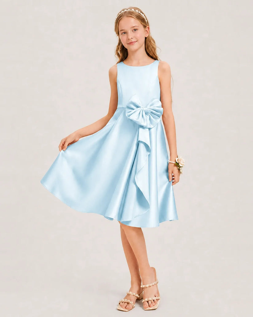 Baby Blue Satin A-line Junior Bridesmaid Dress Front View