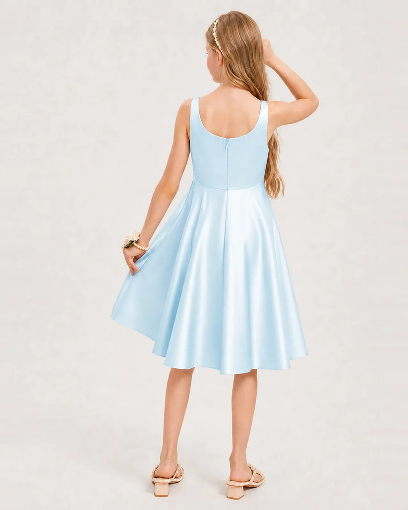 Baby Blue Satin A-line Junior Bridesmaid Dress Back View