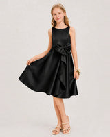 Black Satin A-line Junior Bridesmaid Dress Front View